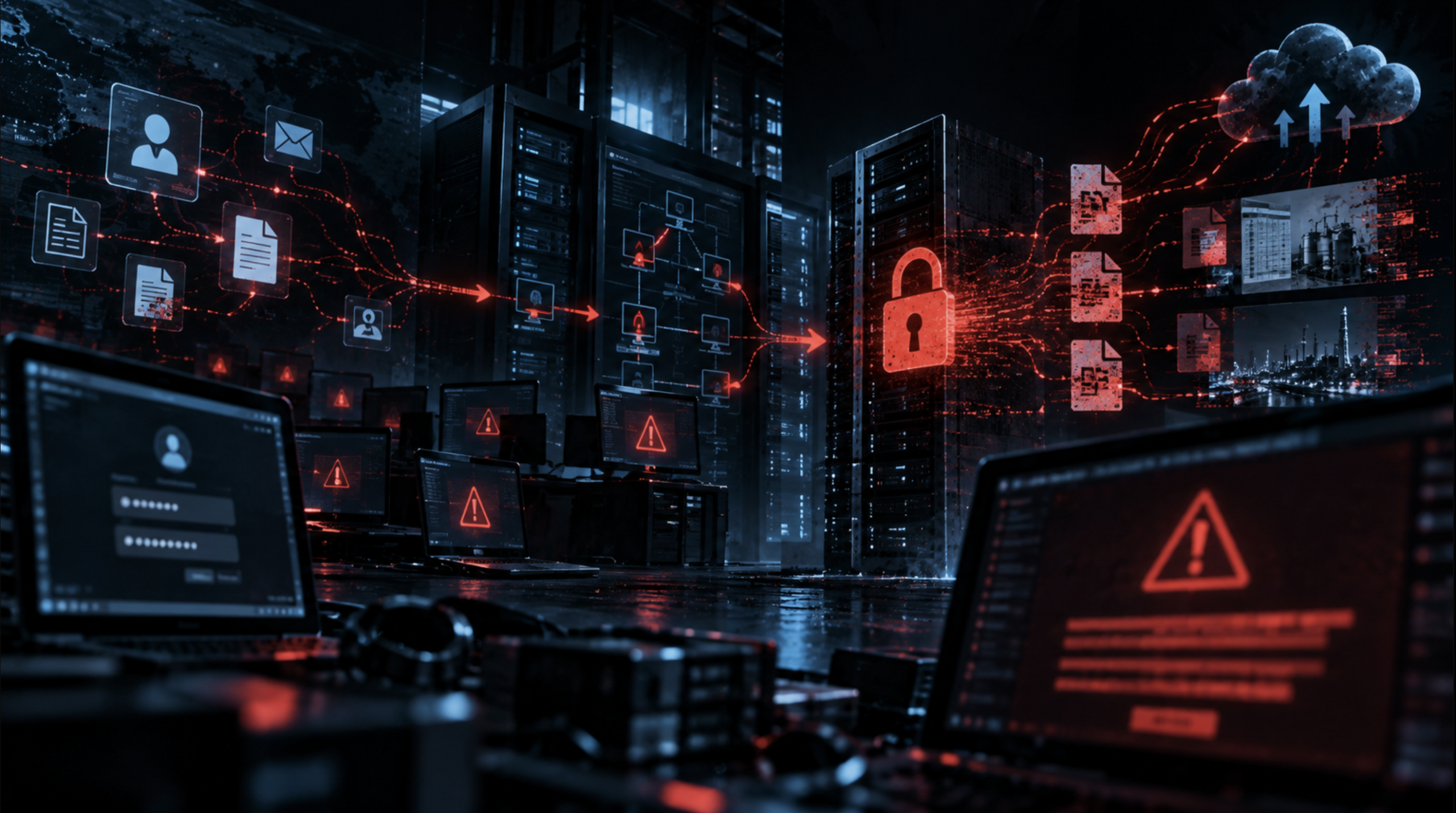 Panorama CTI Latinoamérica 2026 - representación del ecosistema ransomware, acceso inicial, movimiento lateral, cifrado y exfiltración de datos