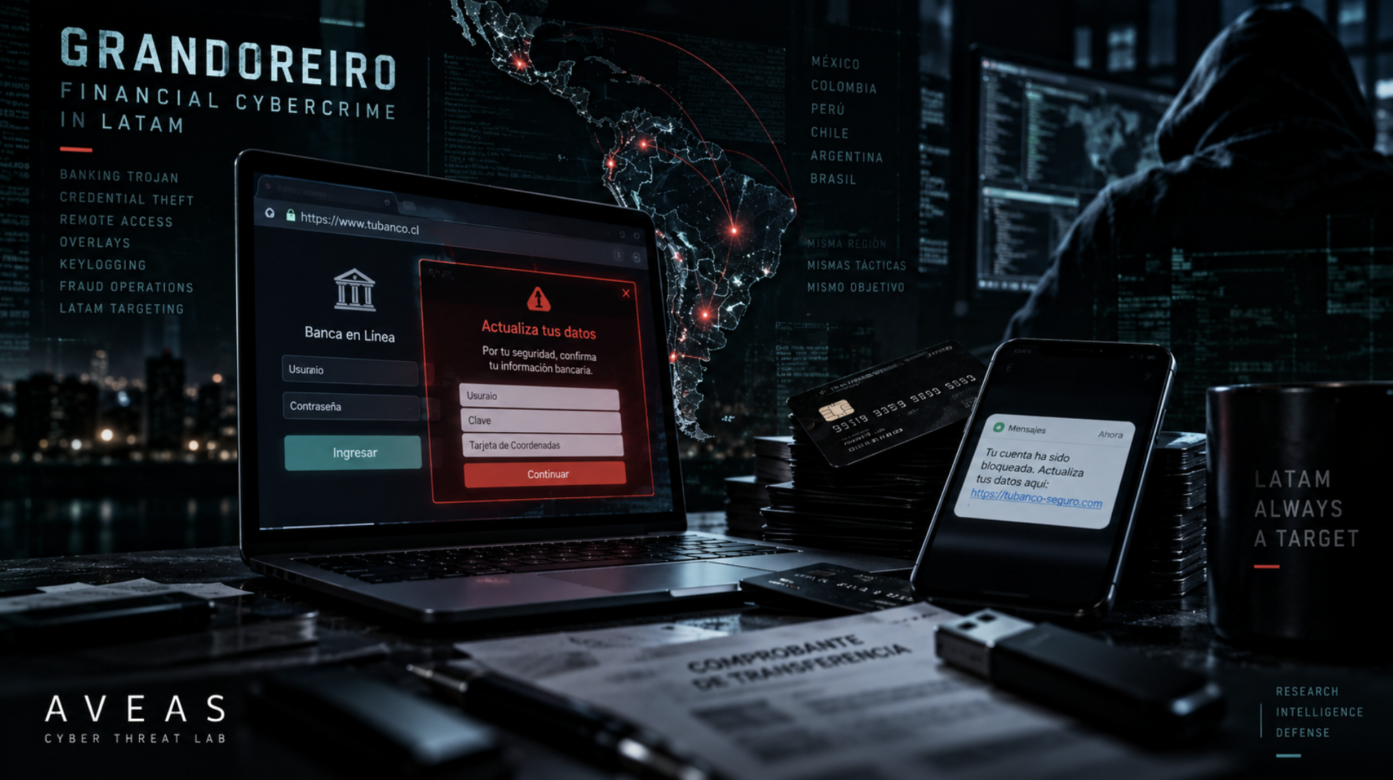 Representación de Grandoreiro como amenaza de cibercrimen financiero dirigida a usuarios bancarios en América Latina.