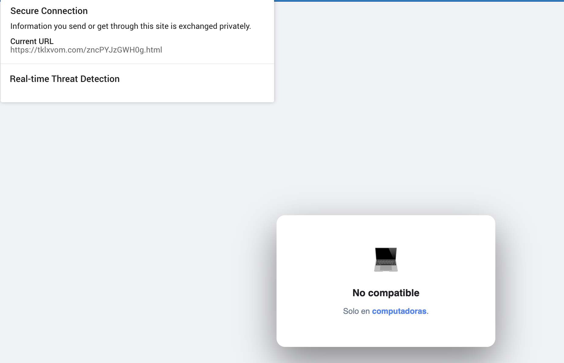 Página asociada a una cadena de phishing que restringe el acceso según las características del dispositivo.