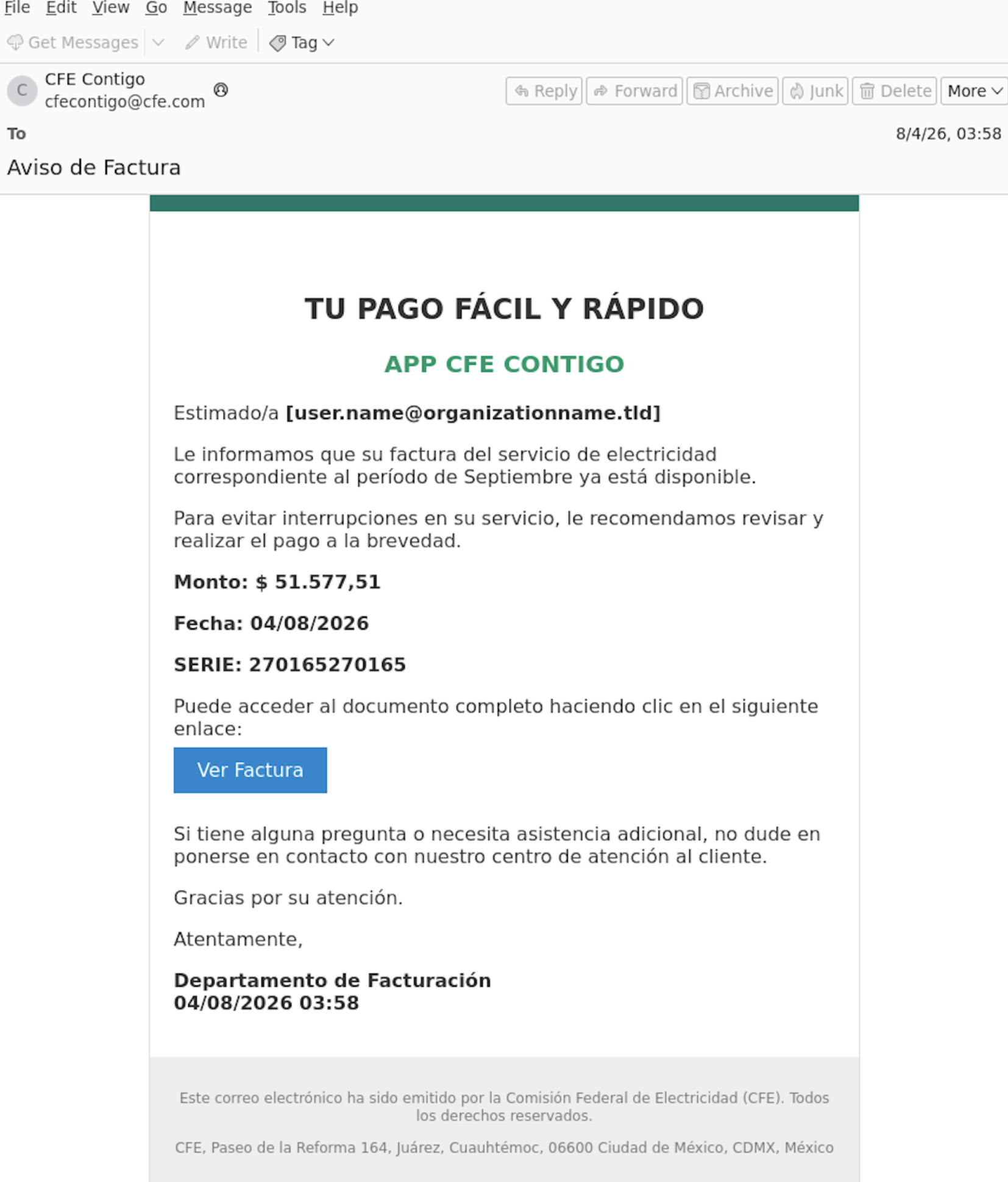 Ejemplo de correo de phishing con temática de factura y suplantación de CFE asociado a una campaña de Grandoreiro en México.