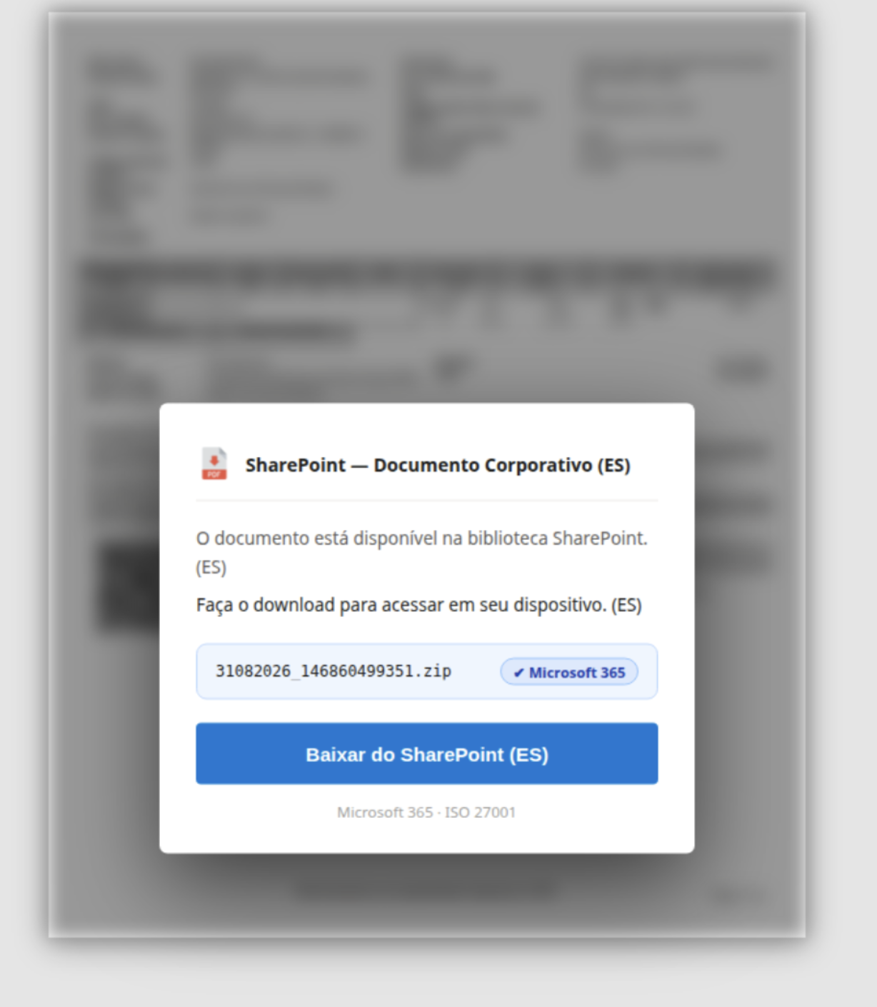 Página de phishing que suplanta SharePoint para inducir la descarga de un archivo ZIP asociado a una campaña de Grandoreiro.