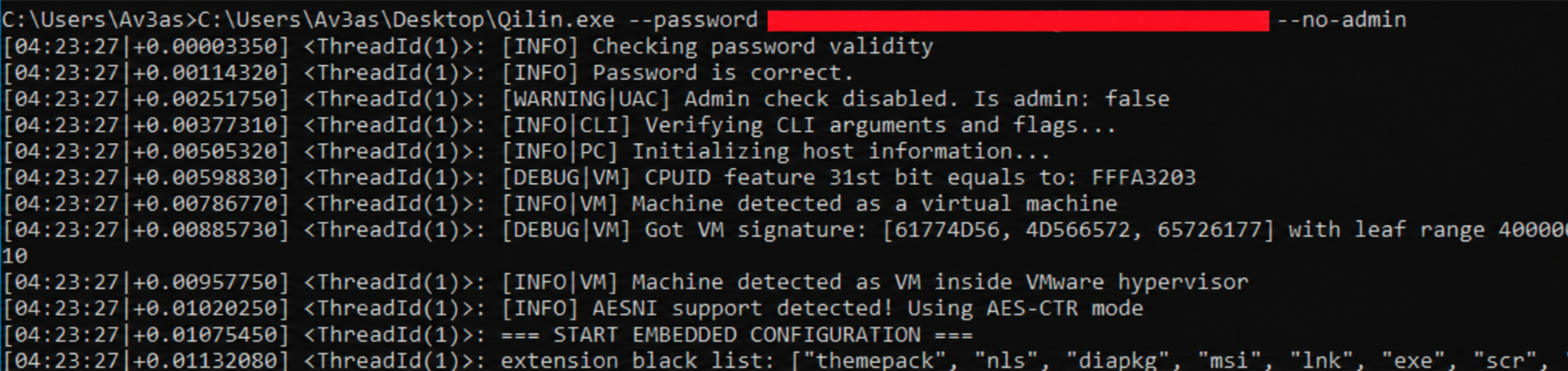 Ejecución Qilin protegida por password y detección de entorno VMware