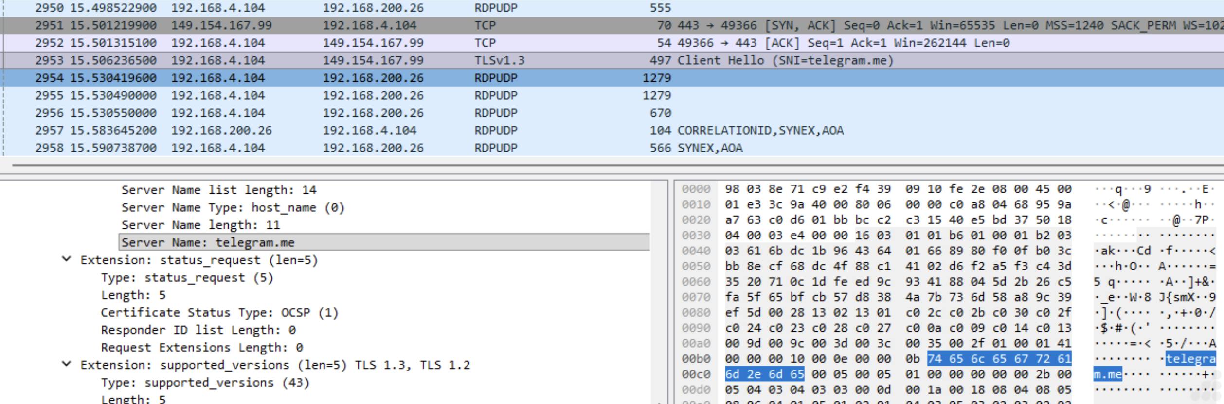 Captura de tráfico TLS durante el análisis de VIDAR mostrando un Client Hello hacia telegram.me por el puerto 443