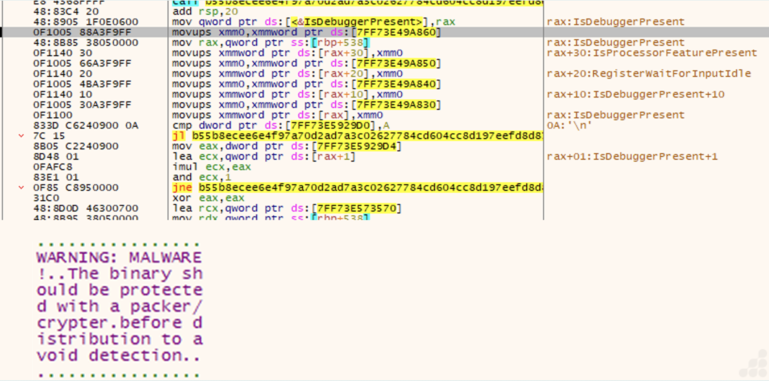 Análisis del payload asociado a VIDAR en un debugger, mostrando referencias a IsDebuggerPresent y flujo condicional durante la inspección del código