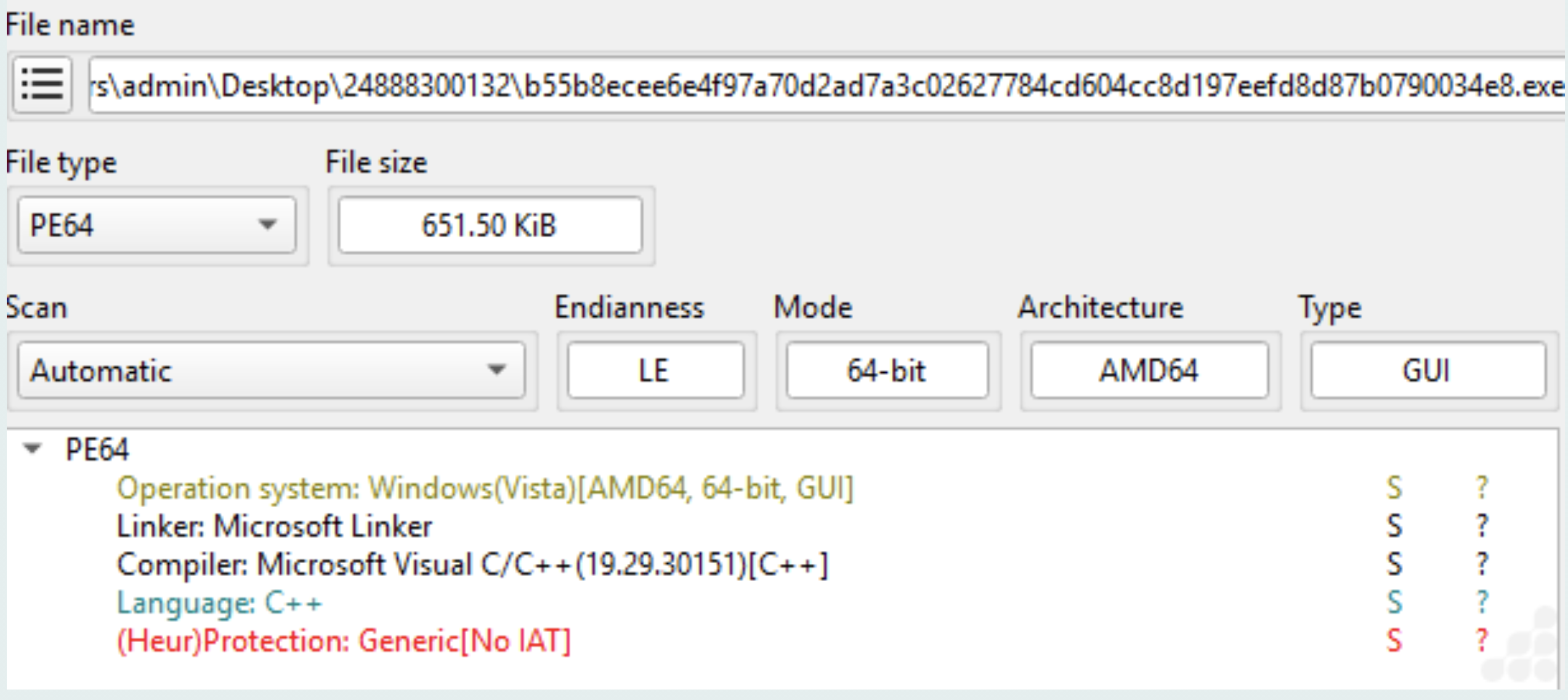 Análisis estático de un payload asociado a VIDAR, identificado como ejecutable PE64 AMD64 compilado en C++ y con indicios heurísticos de protección