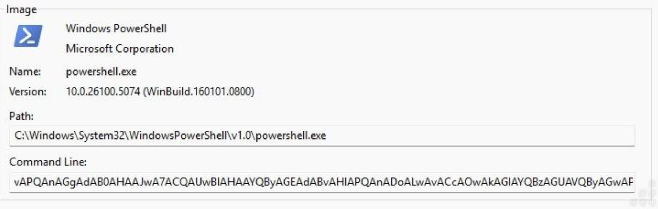 Ejecución de powershell.exe observada durante el análisis de VIDAR con contenido codificado en la línea de comandos