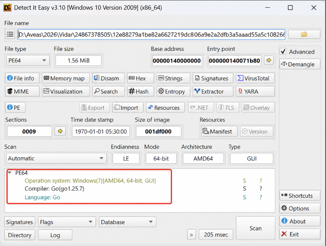 Análisis estático de una muestra de VIDAR Stealer en Detect It Easy, identificada como PE64 AMD64 compilada en Go.