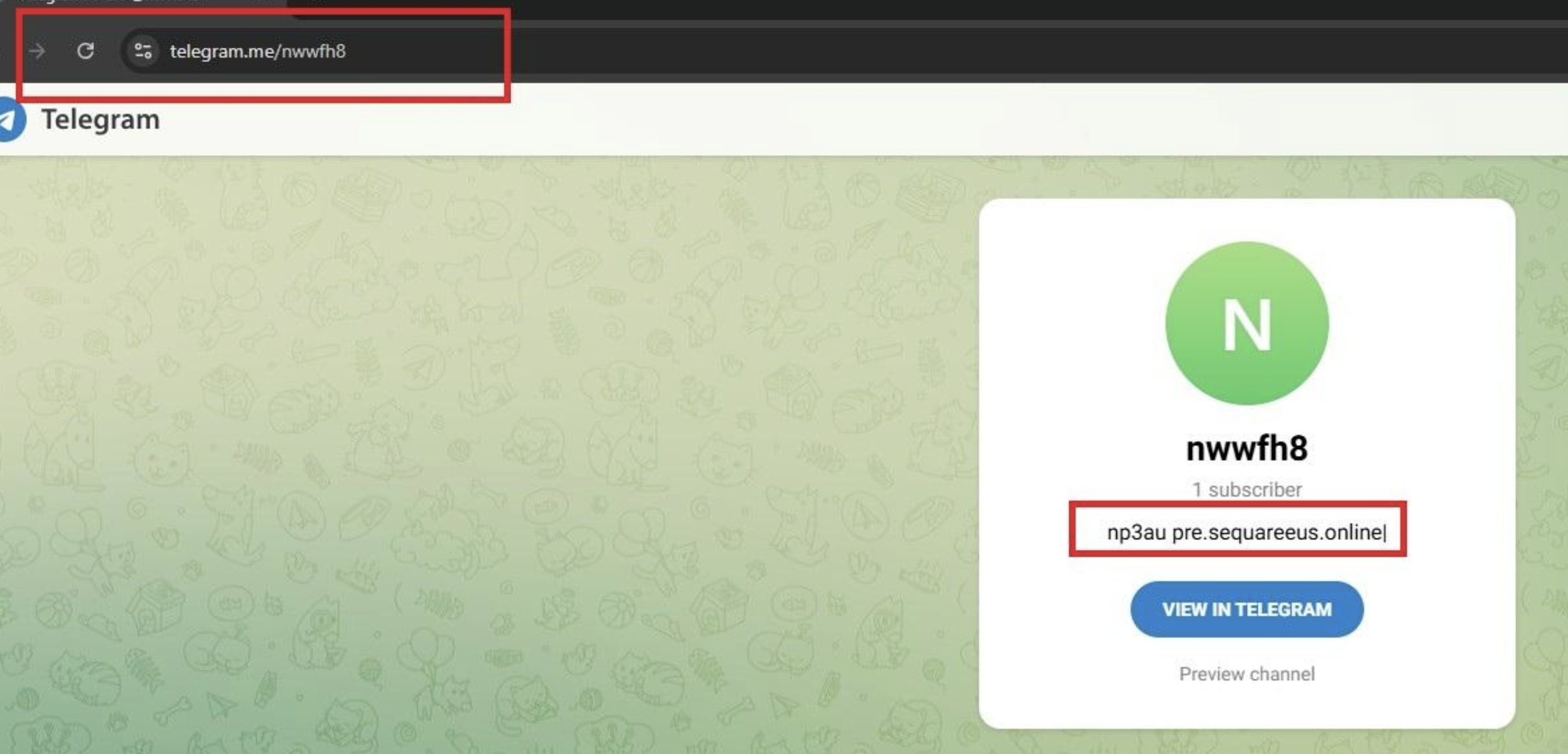 Recurso de Telegram observado durante el análisis de VIDAR, identificado como nwwfh8 y con una referencia visible al dominio pre.sequareeus.online